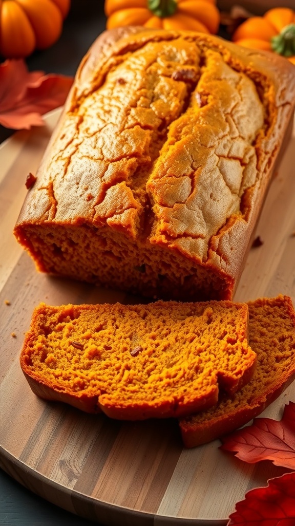 Quick and Easy Pumpkin Bread Recipe A loaf of golden brown pumpkin bread on a cutting board with autumn leaves and a slice beside it.